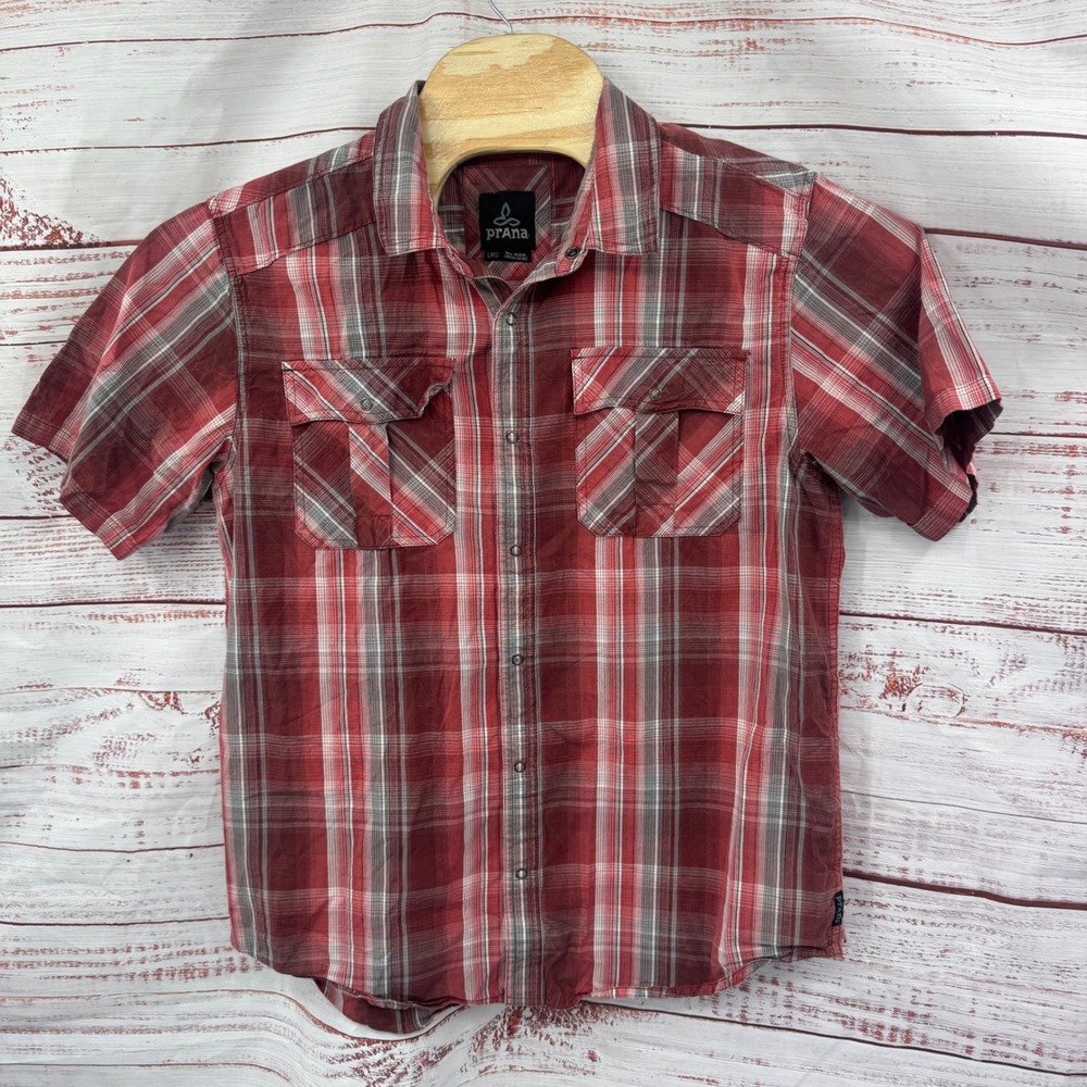 Prana Shirt Mens Large Plaid Short Sleeve‎ Button Up Cotton Hiking Outdoors